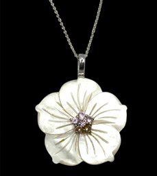 Vintage Sterling Silver Chain With Mother Of Pearl Flower Pendant