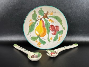 A Lovely Salad Set In Glazed Ceramic With A Fruit Motif, Made In Italy