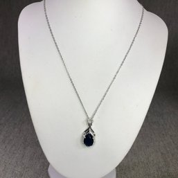 Lovely Brand New Sterling Silver / 925 Necklace With Sapphire Pendant With White Zircons - 18' Long - Nice !