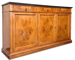 A Mid 20th Century Empire Style Marble Top Burl Wood Side Cabinet