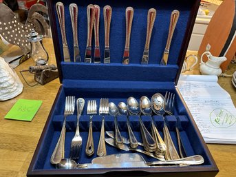 International Flatware With Tiny Gold Beads  In Wood Box