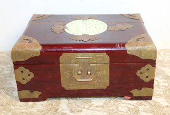 Vintage Asian Shanghai Cherry Wood And Brass Trim Jewelry Box With Latches