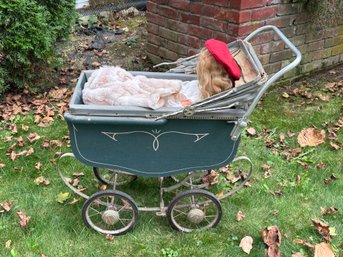 A Vintage Thayer Doll Carriage With Doll & Clothes
