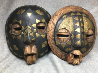 Pair Carved Masks - Antique ? Vintage ? Masks From Africa ? Ghana ? Brass Inlay - From Estate Of Professor