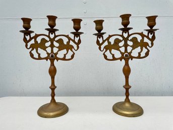 Pair Of Brass Rampant Lion Three Candle Candelabras