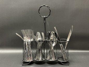 A Pretty Wrought Metal Flatware Caddy & Assorted Stainless Steel Flatware