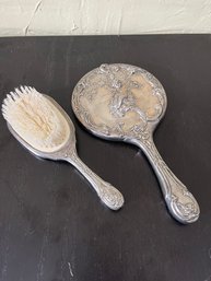 An Antique Silver Vanity Brush With Mirror
