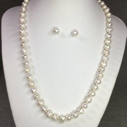 Wonderful Genuine Cultured Baroque Pearl Necklace & Button Earring Set - Sterling Silver Mounts - Brand New