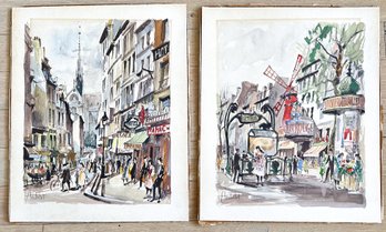 2 Franz Herbelot (1950s French) Original Paris Streetscape Watercolor Paintings, Signed, Unframed