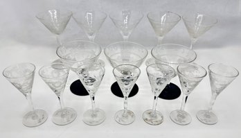 Vintage Etched Glass Wine Glasses & Cordials In 3 Sizes (15 Pieces) Matches Lot 58