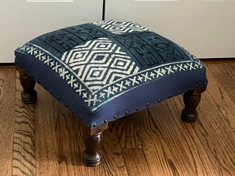 Tapestry Covered Footstool With Brass Stud Accents - 16' Square X 9'H