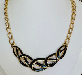 SIGNED TRIFARI GOLD TONE BLACK ENAMEL NECKLACE