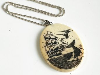 An Authentic (Legal) Scrimshaw Pendant On Sterling Silver Chain