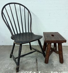 Very Early Hoop Back Windsor Chair And Primitive Stool