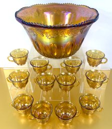 Vintage Indiana Glass Iridescent Marigold Glass Punch Bowl With 12 Cups