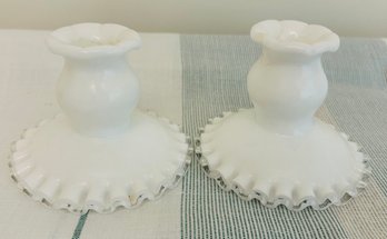 Pair Of Vintage Fenton White Milk Glass Candlestick Holders