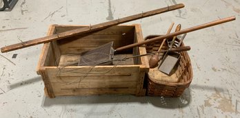 Antique Wood Box & Basket With Extras~ Rug Beater, Ice Cream Scooper & More ~