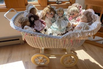 Wicker Stroller And Dolls