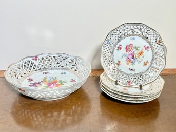 Reticulated Pierced Bowl And Plates Schumann Arzberg Bavaria, Flowers