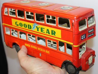 LARGE 1960s Tin Friction Toy Bus With Goodyear Tire Advertising - Nice Condition