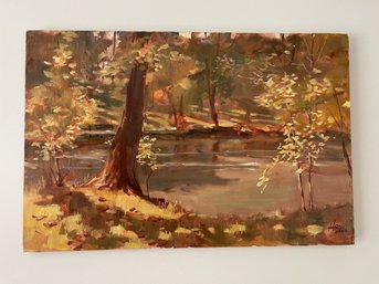 Unframed Oil Painting Autumn Forest Scene Artist 'HERR' Beautiful Colors!