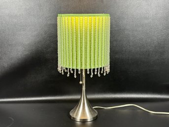 A Fun Modern Lamp With A Beaded Shade In Lime Green & Brushed Metal Body