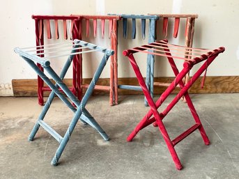 Six Elegant Folding Velvet Cocktail Stands With Assorted Fabric Coverings