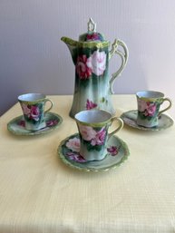 Antique Porcelain Chocolate Pot And Three Cups & Saucers With Rose Motif