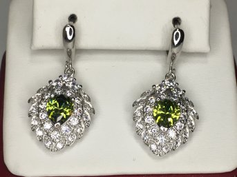 Incredible 925 / Sterling Silver Brand New Earrings With Peridot And Sparkling White Zircons - Great Gift !