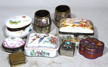 Lot Nine Small Trinket Boxes And Abalone Shell Inlay Toothpick Holders