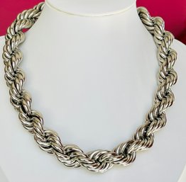 WIDE SIGNED NAPIER TWISTED SILVER TONE ROPE NECKLACE