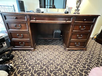 Wood, With Banded Inlay, 9 Drawer Desk, With Bun Feet