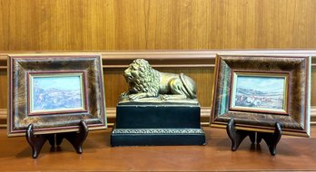 A Cast Lion Bookend And Pair Of Miniature Framed Fox Hunt Prints