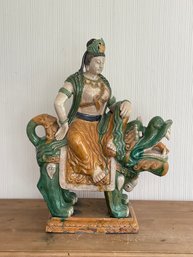 Huge Chinese Sancai Glazed Pottery Figure Of Guan Yin And Foo Lion