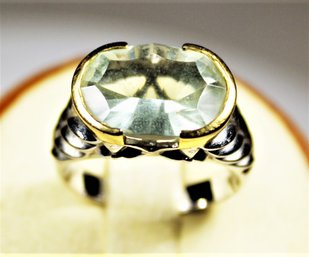 Sterling Silver Ladies Ring Aqua Stone Applied Gold Size 8