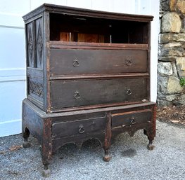 An Unusual 17th Century Carved Wood Campaign Chest Of Drawers - AS IS