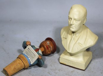 Metal Bust Of FDR Roosevelt President And Wood Carved Mechanical Bottle Stopper