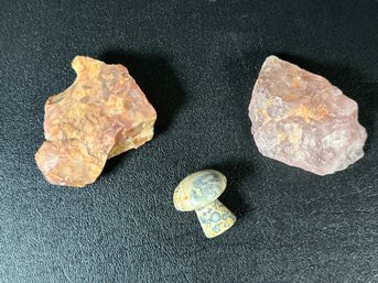 A Charming Little Mushroom In Natural Stone & Two Pink Quartz Rocks