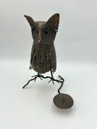 Vintage Brutalist Welded Steel Owl Candle Holder Sculpture