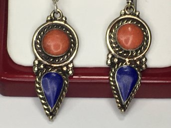 Wonderful Sterling Silver / 925 Earrings - Hand Made In Bali - Coral And Lapis Lazuli - Never Worn - Nice Gift