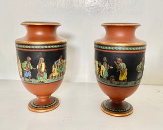 Pair Of Antique Prattware Terracotta Vases