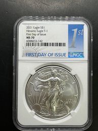 2021 First Day Of Issue NGC Graded MS69 Heraldic Eagle T-1 Silver American Eagle Dollar
