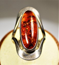 Sterling Silver Large Ladies Ring Having Large Genuine Amber Stone Size 8