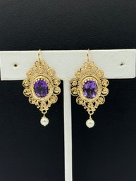 Spectacular Antique Amethyst & Pearl Large 14k Yellow Gold Earrings