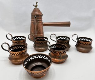 1960s Copper Clad Coffee Pot With Arabic Signature & 6 Oppenheim Copper Cups From Israel