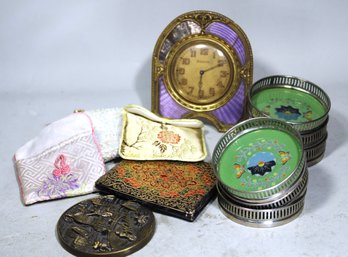 Lot Of Change Purses Guilloche Enamel Clock (as/is) And Glass And Chrome Coasters