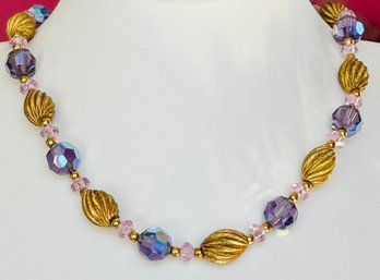 PRETTY GOLD TONE PURPLE AURORA BEAD NECKLACE