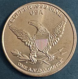 One AVDP Ounce .999 Fine Copper Round