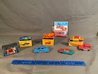 Original Matchbox Cars England Cement Mixer, Police, Zephyr, Marx Impata Taxi, Tootsie Toy Truck & Gas Station
