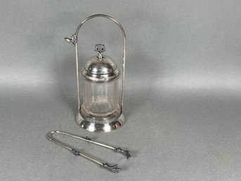 Antique Hartford Silver Plate Company Glass Pickle Jar With Tongs